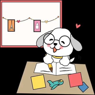 Dog at a craft table below a photo display board
