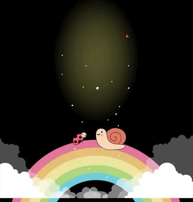 Snail and ladybug sitting on top of a rainbow