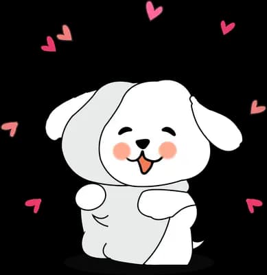 Fluffy white dog sitting among floating hearts