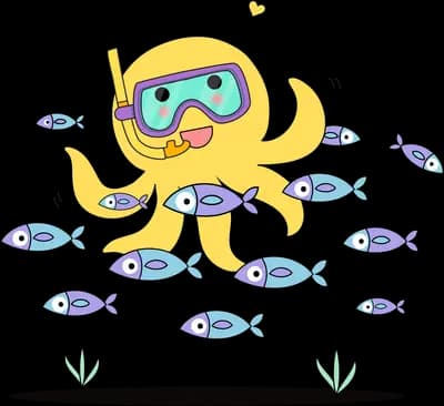 Octopus in goggles swimming among small fish
