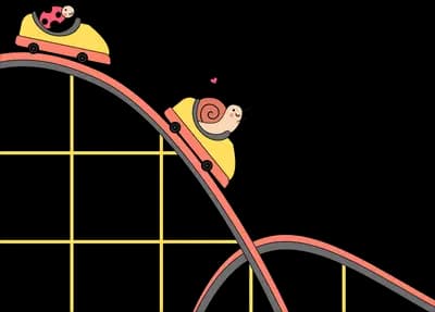 Snail sliding down a red roller coaster track