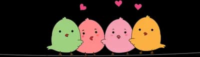 Row of four colourful chicks on a wire with hearts