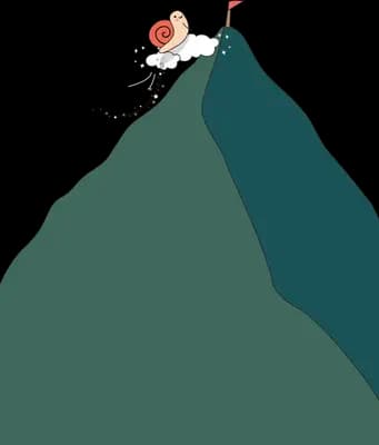 Snail reaching the summit of a dark green mountain