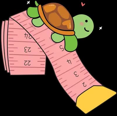 Turtle climbing a pink and yellow ribbon