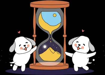 Two dogs on either side of a large hourglass