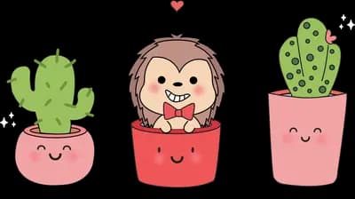 Hedgehog between two potted cacti