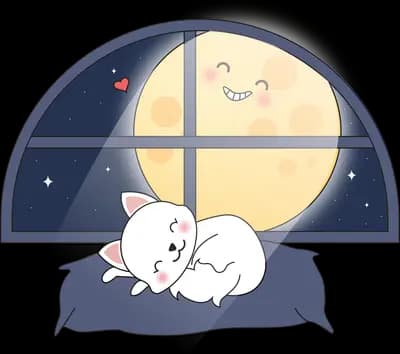 Cat asleep on a cushion by an arched moonlit window
