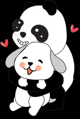 Panda hugging a small white dog with hearts