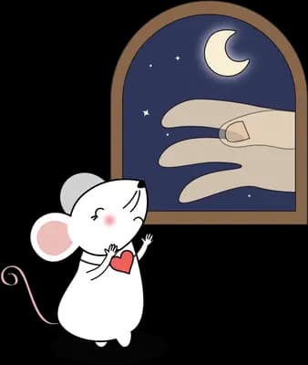Mouse beside an arched window showing a night sky