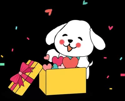 Dog in a gift box surrounded by presents