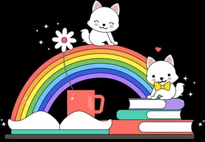 Cat and rabbit on a rainbow above a stack of books