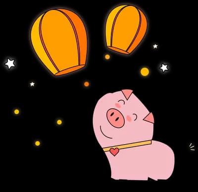 Pig standing under two large falling leaves with sparkles