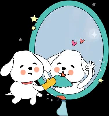 Dog looking at itself in an oval mirror