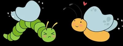 Caterpillar facing a small butterfly with hearts