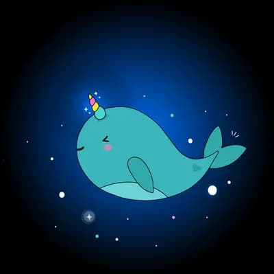 Whale swimming in a deep blue starry orb