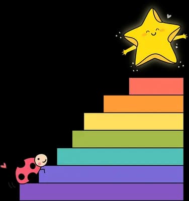 Ladybug climbing rainbow steps toward a star