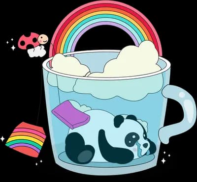 Panda inside a teal mug with a rainbow above