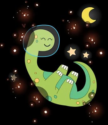 Green dinosaur floating among dark bubbles and stars