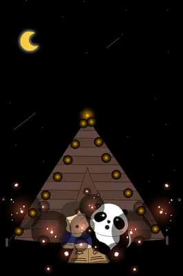 Panda inside a dark wooden tent among orbs