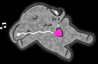 Grey elephant lying down holding a heart