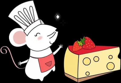 Chef mouse beside a block of cheese and strawberry
