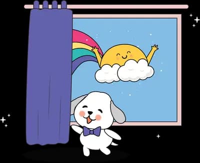 Dog looking at a framed picture of a sun and rainbow