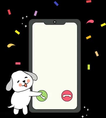 Dog answering a large smartphone with confetti