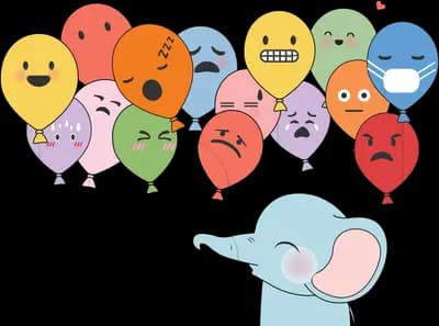 Elephant beneath balloons with many different faces