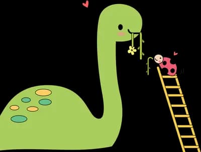 Green dinosaur beside a ladder with a ladybug