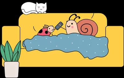 Snail lounging on a yellow sofa with a cat above