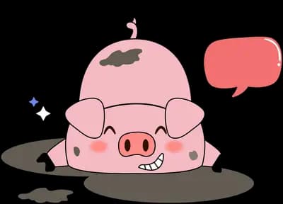 Pig lying in mud with a speech bubble