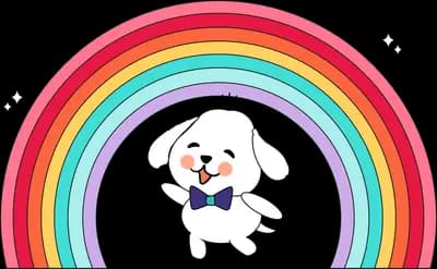 Dog sitting under an arching rainbow