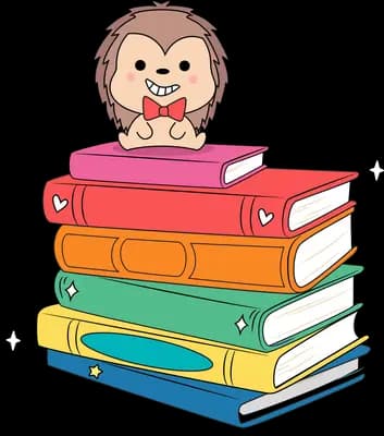 Hedgehog perched on a tall stack of books
