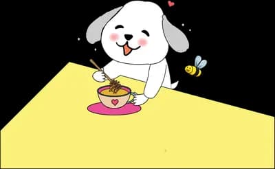 Dog on a yellow mat with a small bowl