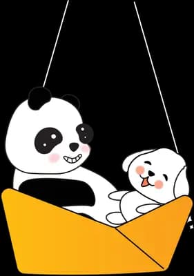 Panda and dog sitting together in a yellow boat