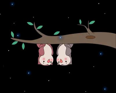 Two birds hanging upside down from a branch