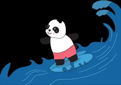Panda surfing a large blue wave