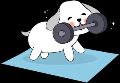 Dog lifting a dumbbell on a blue mat