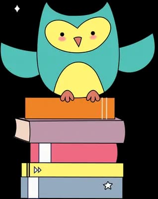 Owl perched on a stack of colourful books