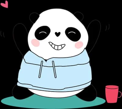 Panda in a blue robe sitting with a mug