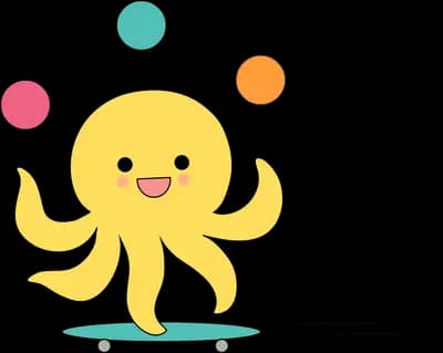 Octopus juggling coloured balls on a skateboard