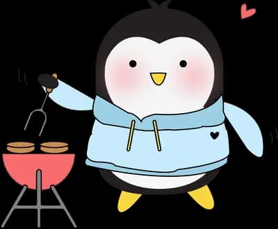 Penguin grilling on a small barbecue