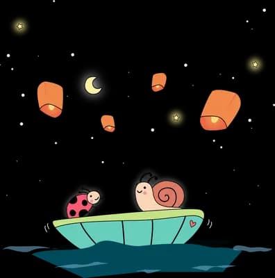 Snail on a leaf boat under floating lanterns