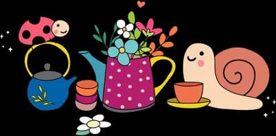 Snail and ladybug around jars of flowers and cake