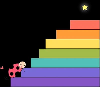 Ladybug climbing rainbow steps toward a star
