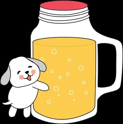 Dog hugging a large jar of orange juice