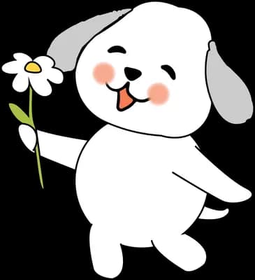 Dog holding a white daisy in its mouth
