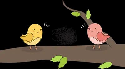Two birds beside a nest on a leafy branch