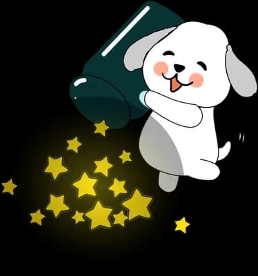 Dog on a grey sphere spilling yellow stars
