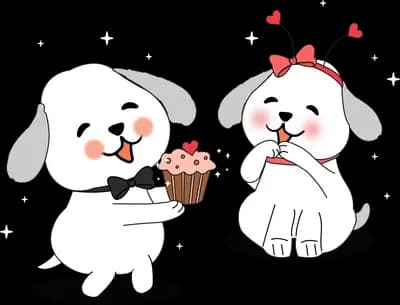 Dog offering a cupcake to another dog